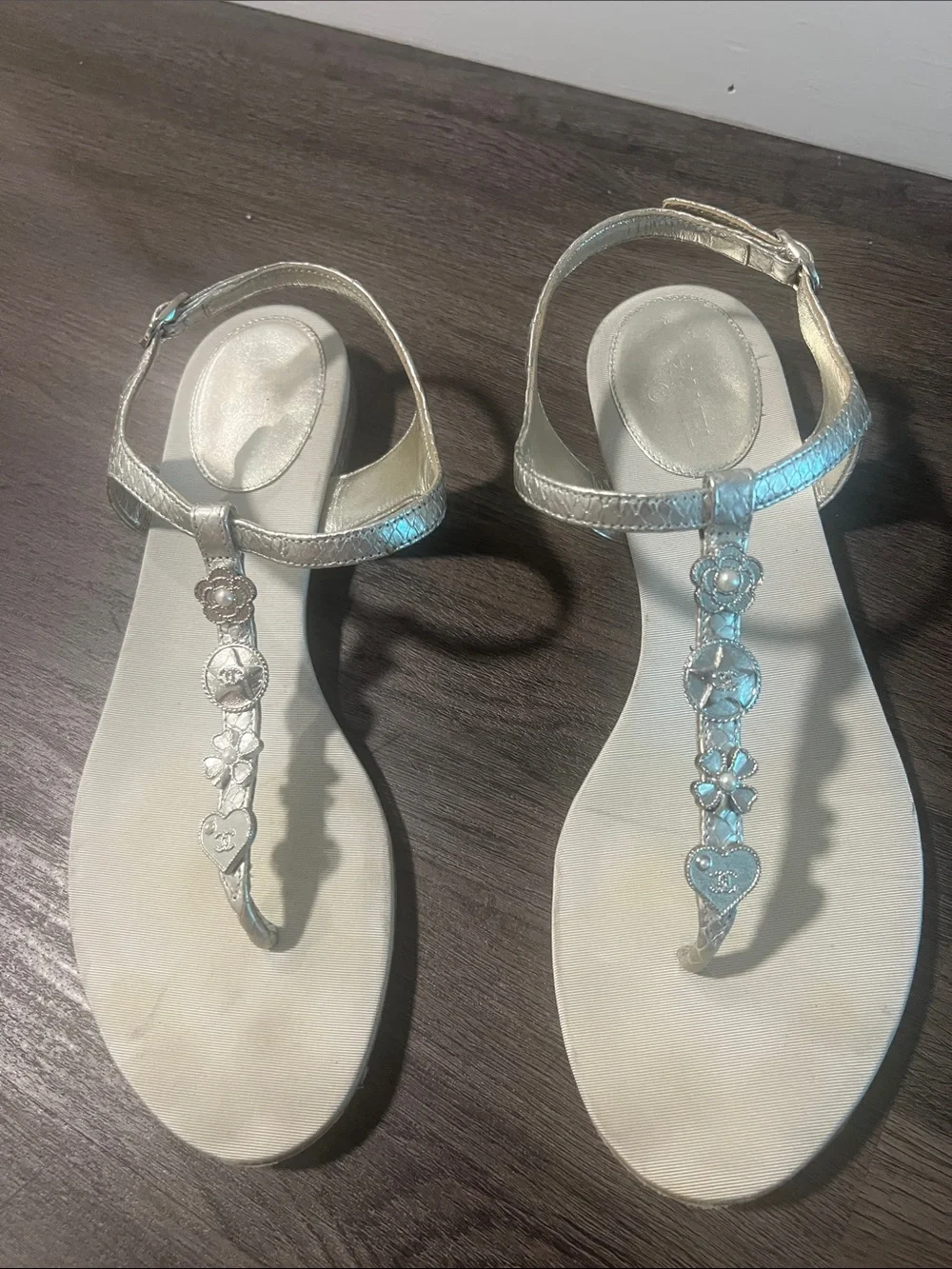 CHANEL Silver T-Strap Embellished Sandals
